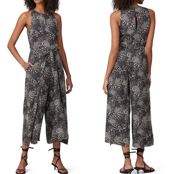 JOIE Jumpsuit Womens 8 Black Printed Mairead D Wide Leg Crop Sleeveless Tie - Picture 1 of 13